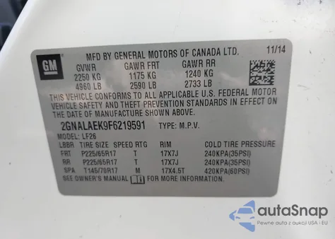 2015 Chevrolet Equinox Ls z USA, uszkodzony, nr VIN 2GNALAEK9F6219591
